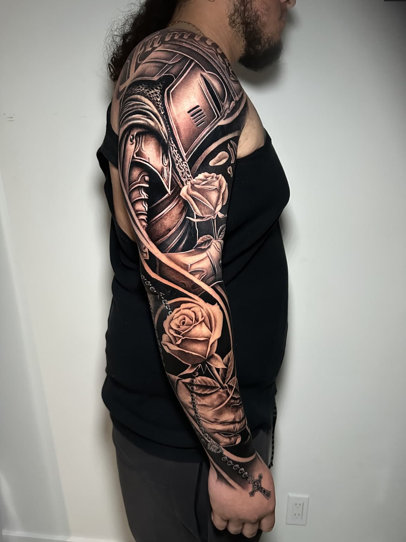 Knight helmet and roses sleeve — front view